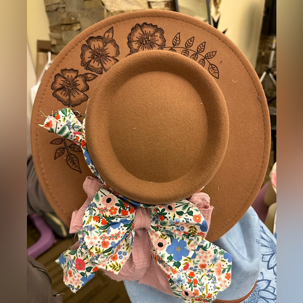 Handmade wood burned floral bow brim hat fedora